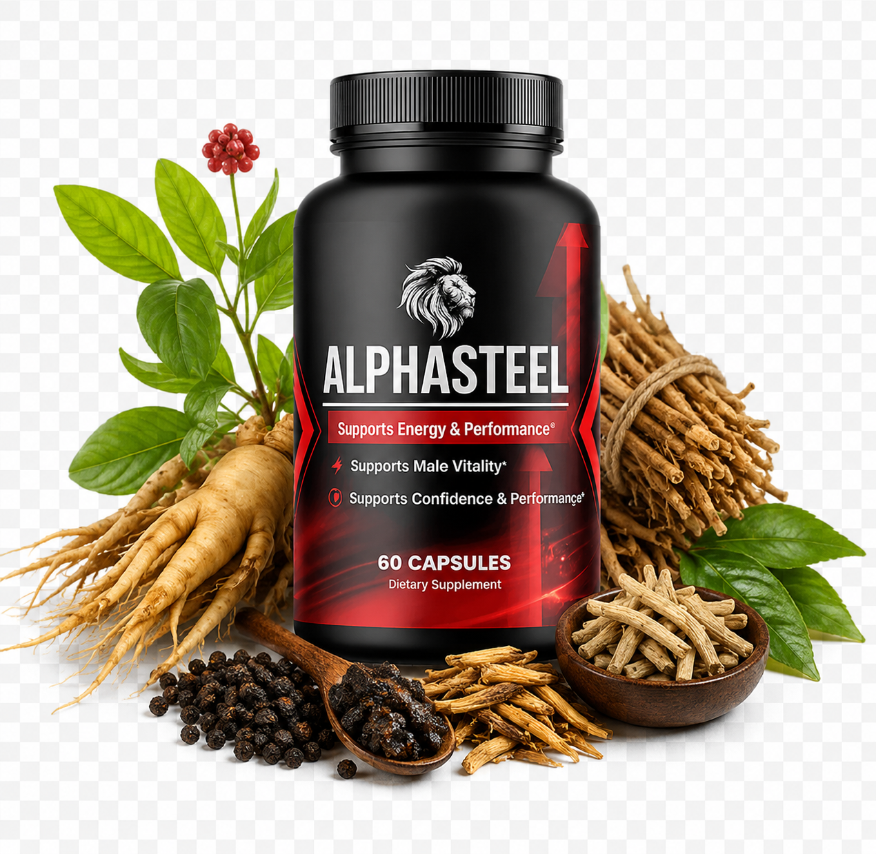 Alpha Steel supplement bottle with ginseng root and natural botanical ingredients