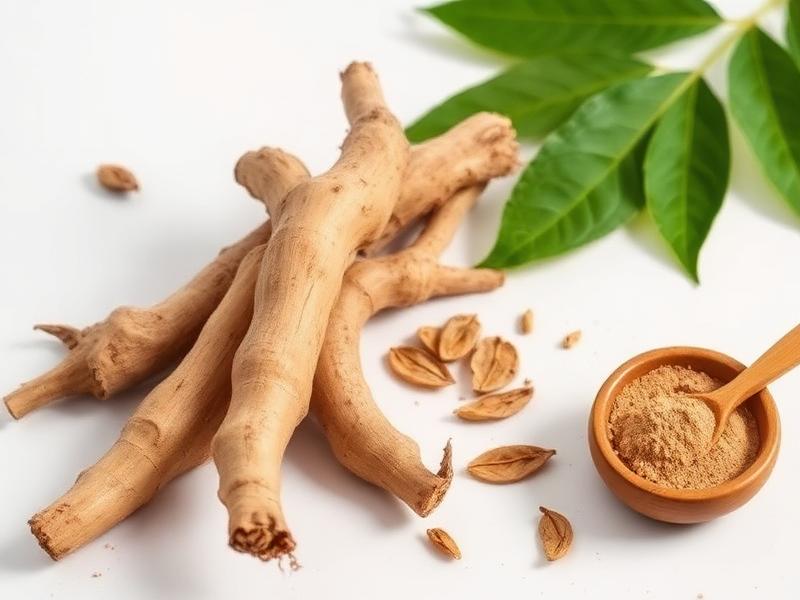Ashwagandha roots, leaves and a bowl of root powder