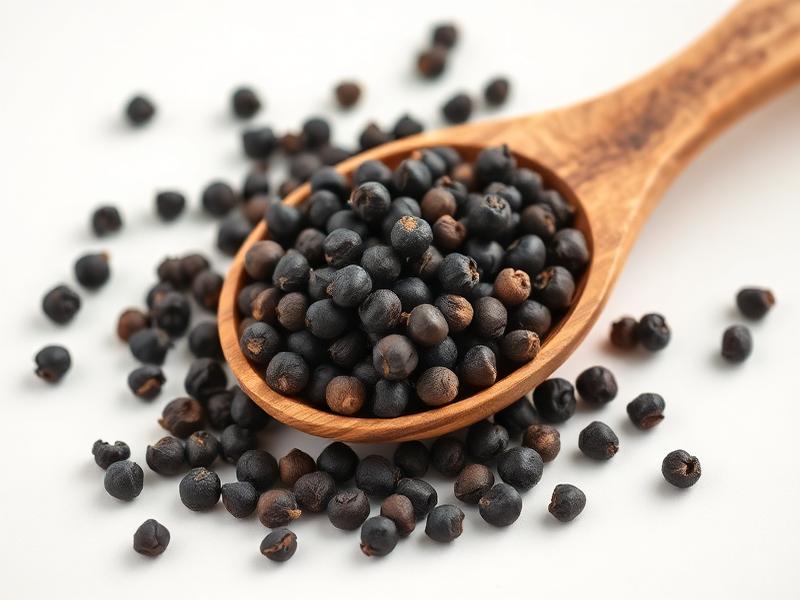 Whole black peppercorns in a wooden spoon