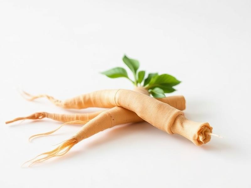 Fresh Panax ginseng roots with green leaves